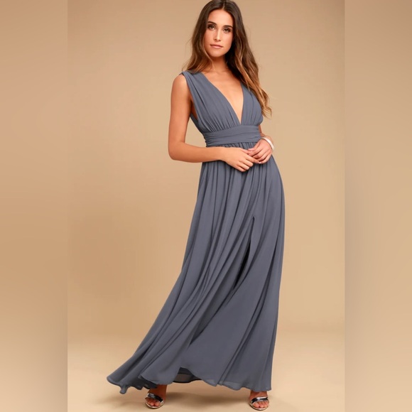 Lulu’s Heavenly Hues Denim Blue Lavender Gray Blue Maxi V-Neck Chiffon 1X - Picture 2 of 11
